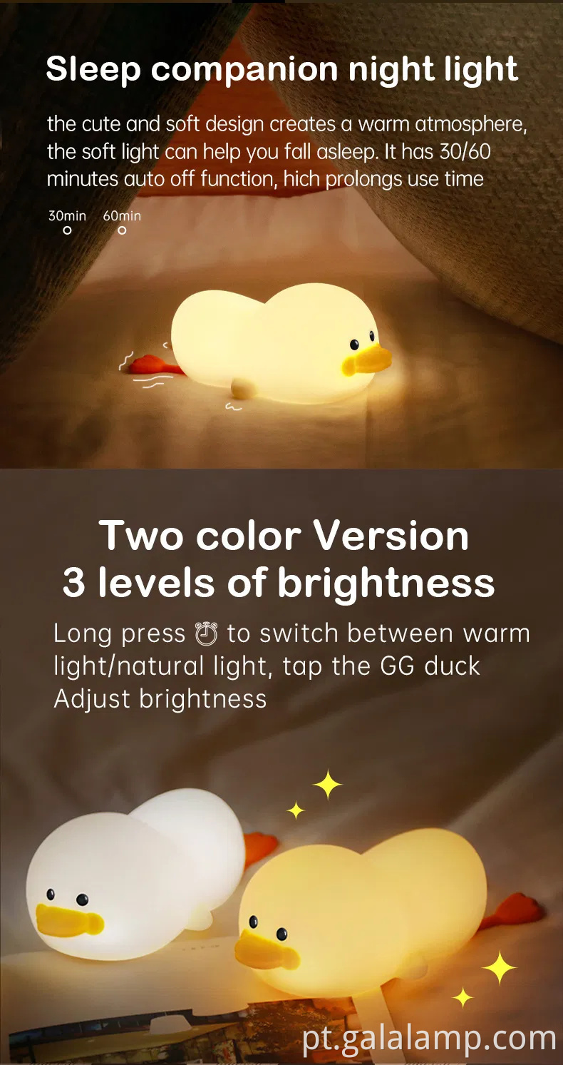 Luz noturna em forma de pato encantadora para o espaço de sono das crianças